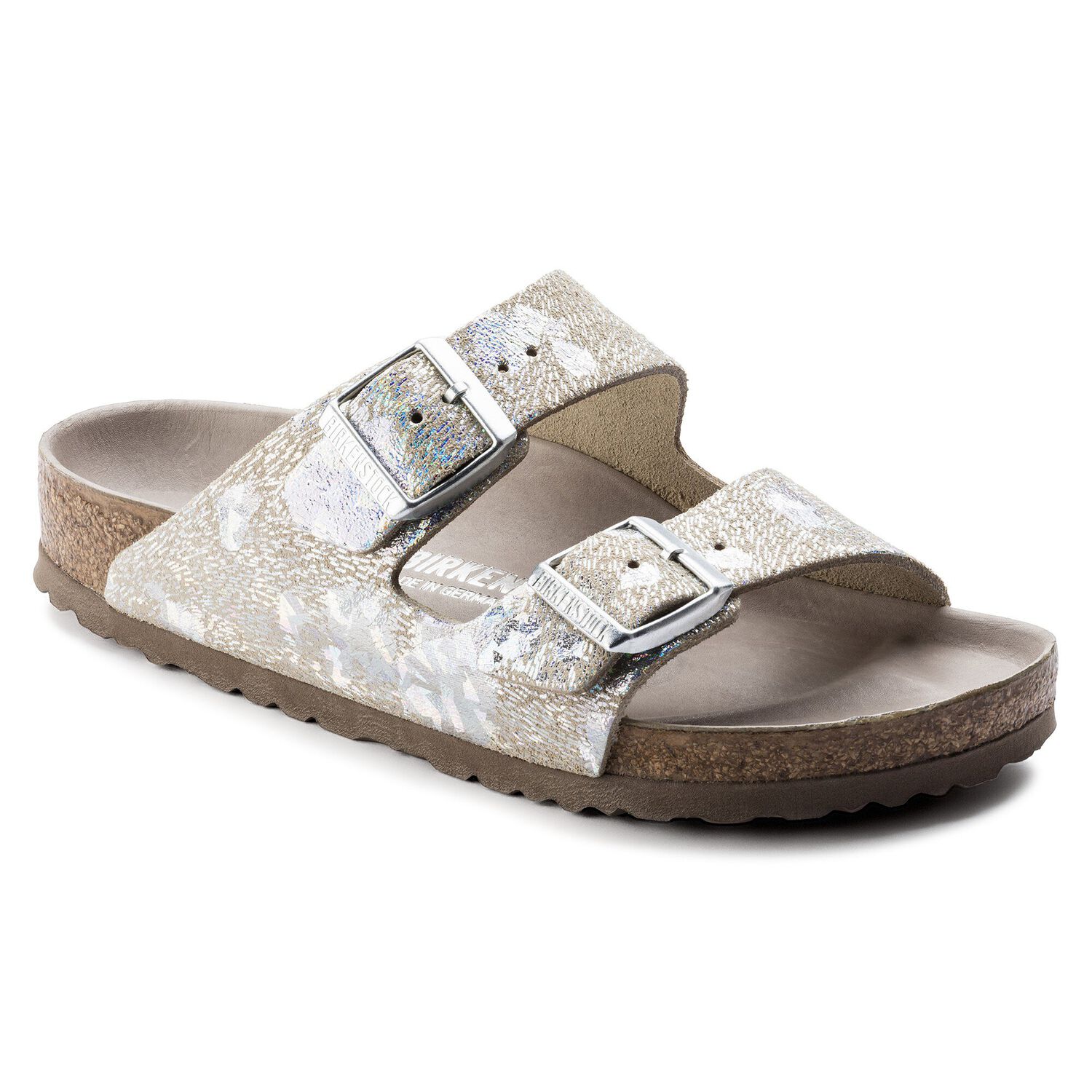 Arizona Natural Leather Spotted Metallic Silver Birkenstock