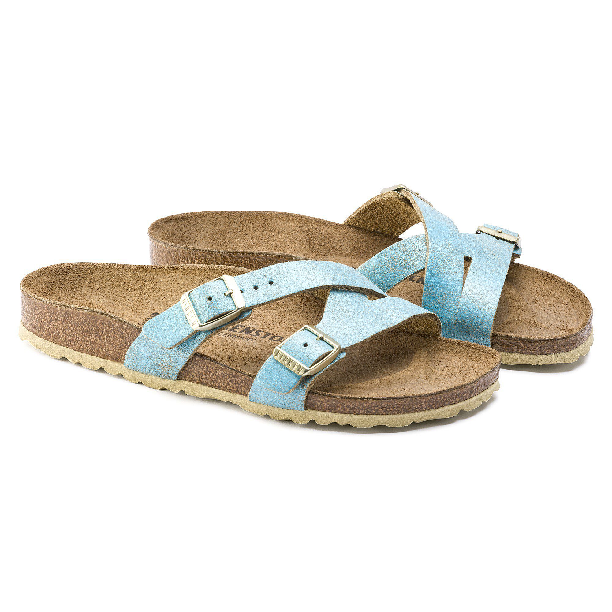 washed metallic aqua birkenstock