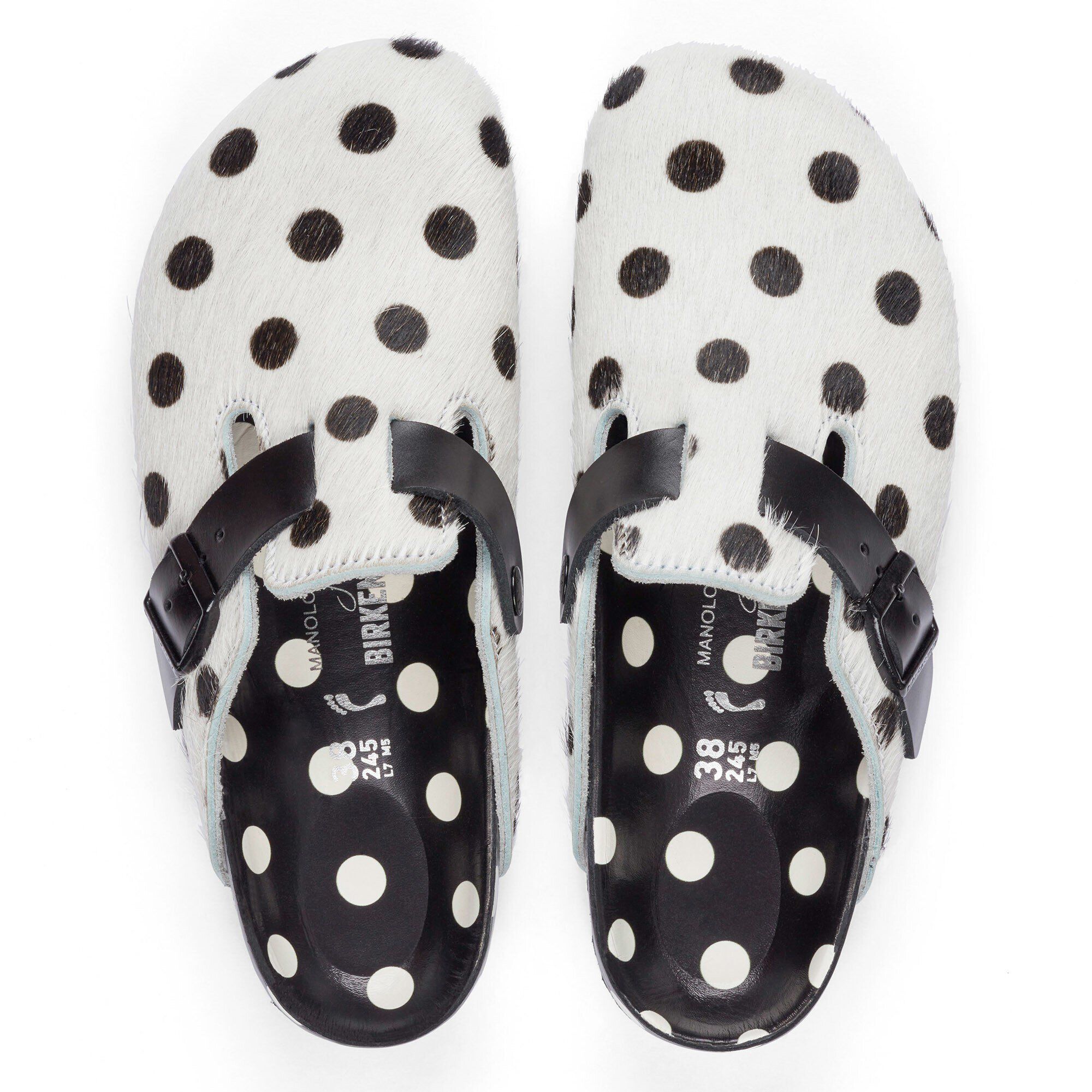 Manolo Blahnik Boston Fur Fur Polka Dots White Black BIRKENSTOCK