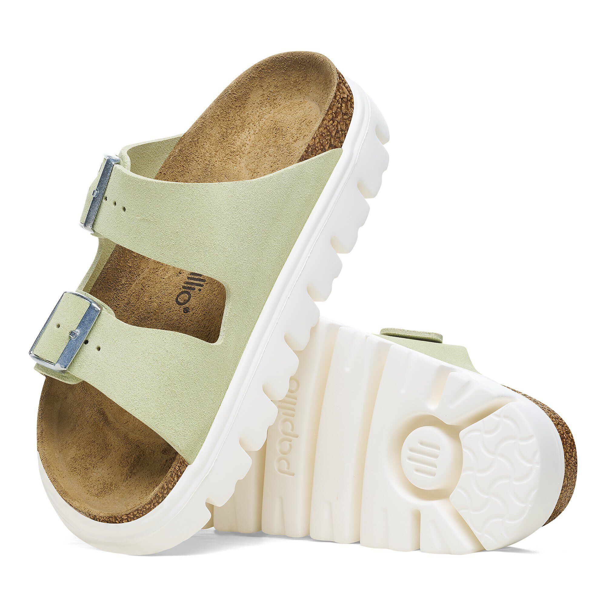 Birkenstock Arizona Chunky Suede Leather Faded Lime Platform Two Strap Sandals