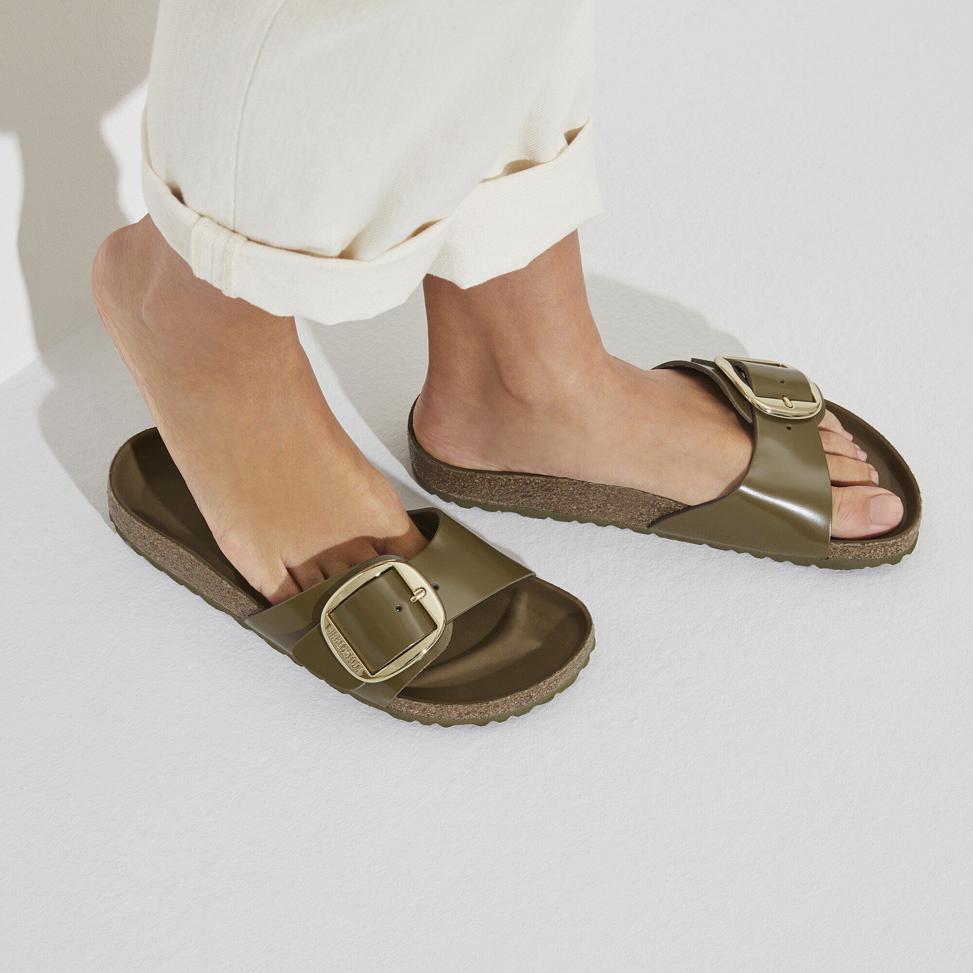 Madrid Big Buckle Natural Leather Patent High Shine Mud Green