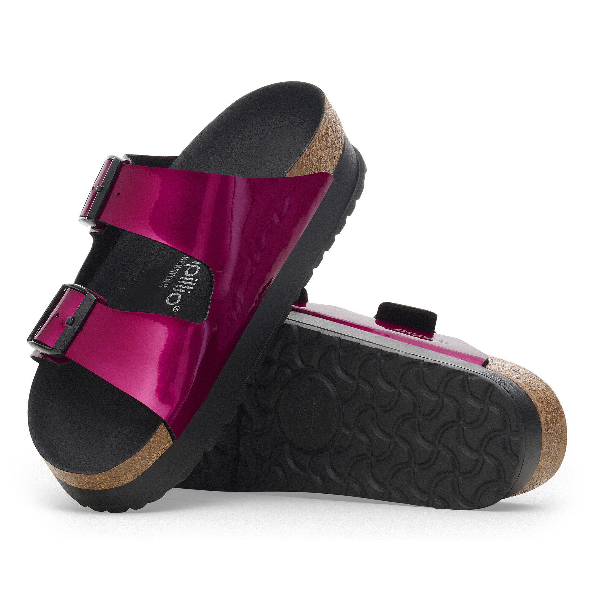 Birkenstock Arizona Flex Platform Birko Flor Patent Steel Magenta Two Strap Sandals
