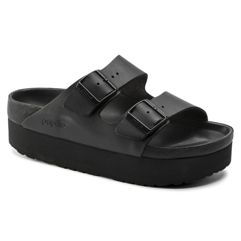 Birkenstock Arizona Natural Leather Black Platform Two-Strap Sandals