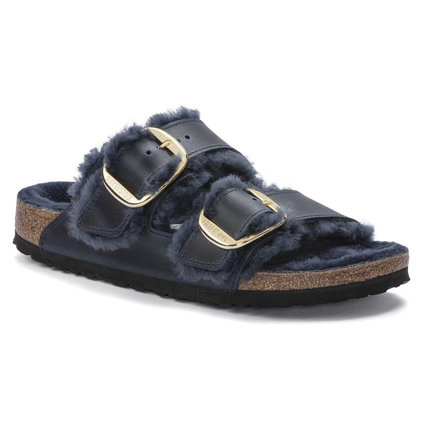 Birkenstock Shearling Arizona Big Buckle Oiled Leather Midnight Two-Strap Sandals