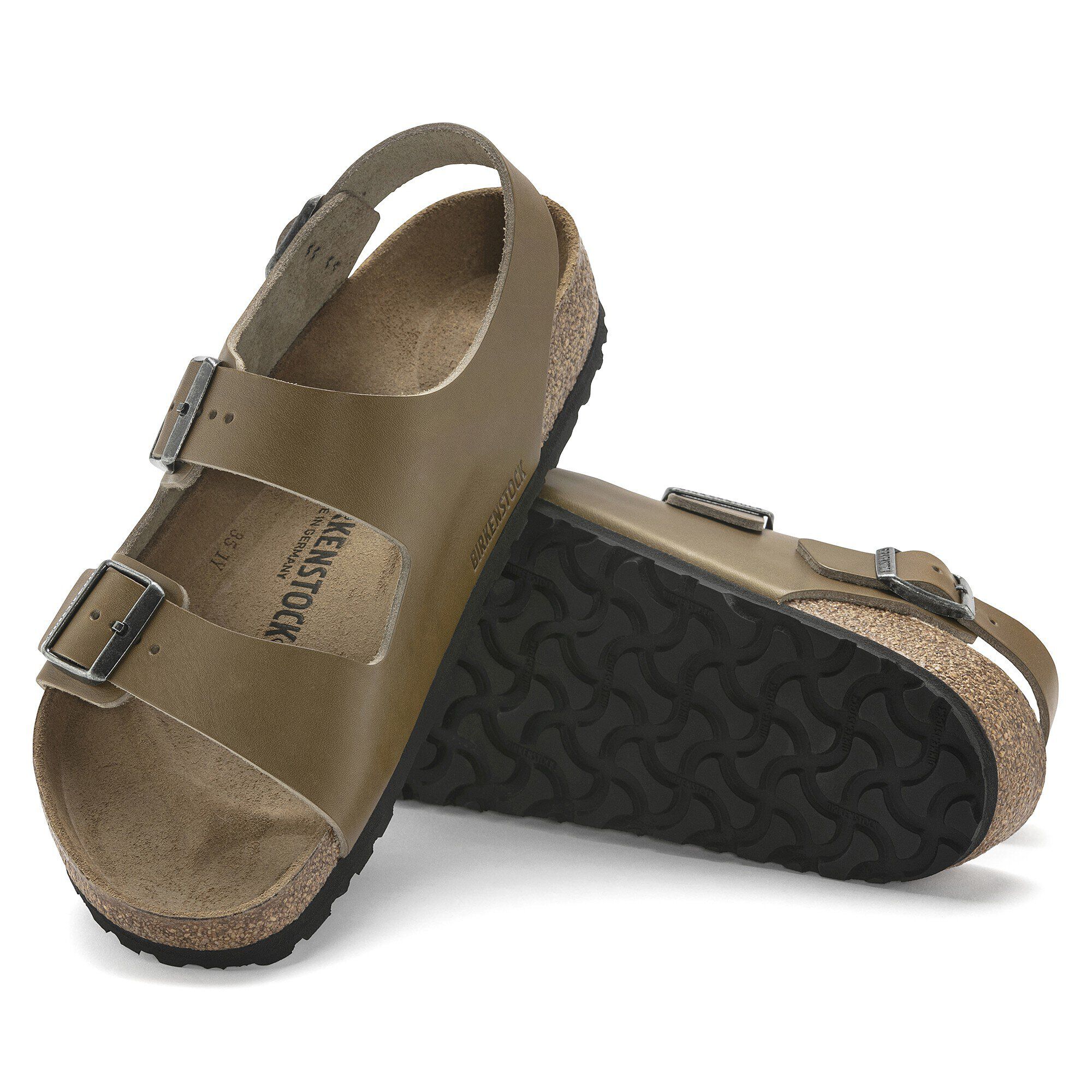 Birkenstock Milano Leather Vintage Wood Faded Khaki with An Ankle Strap