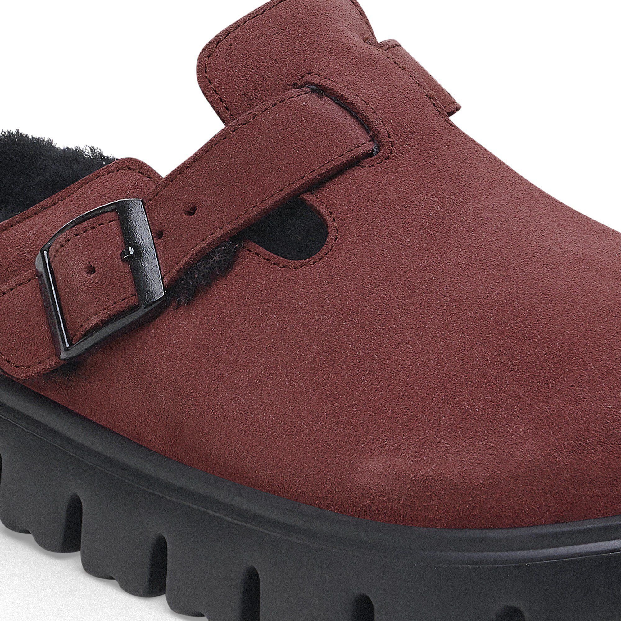 Birkenstock Shearling Boston Chunky Suede Leather Shearling Berry Crush Platform Clogs