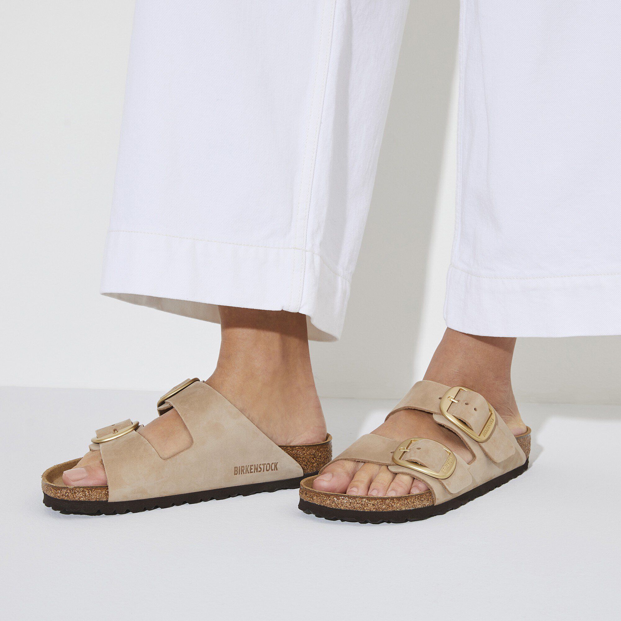 BIRKENSTOCK Arizona Big Buckle Nubuck Leather Sandcastle Two Strap Sandals