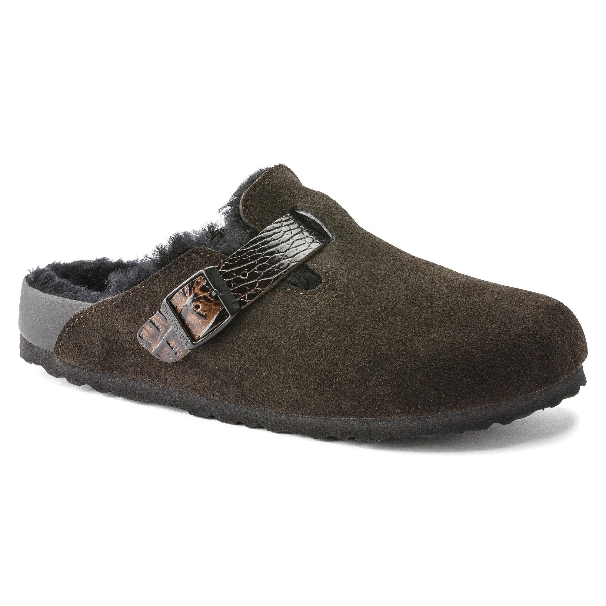 Boston Shearling Suede Leather Mocha Black BIRKENSTOCK