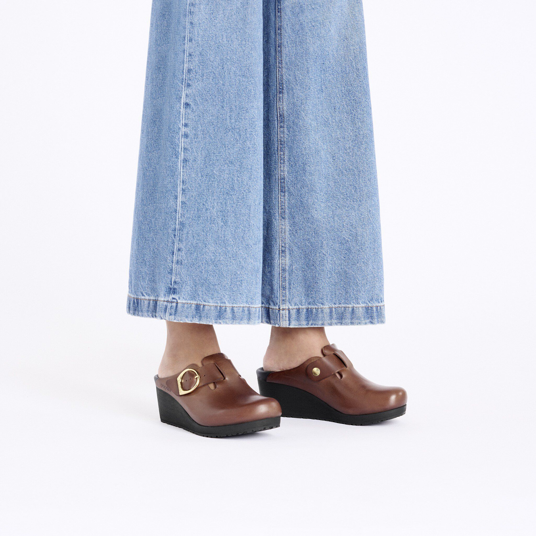 Birkenstock Fanny Ring Buckle Leather Black Cognac Clogs