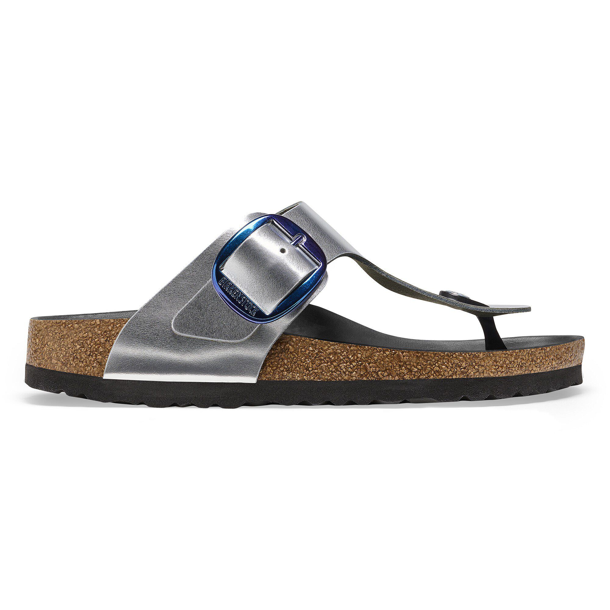 Birkenstock Gizeh Big Buckle Natural Leather Metallic Silver Thong Sandals
