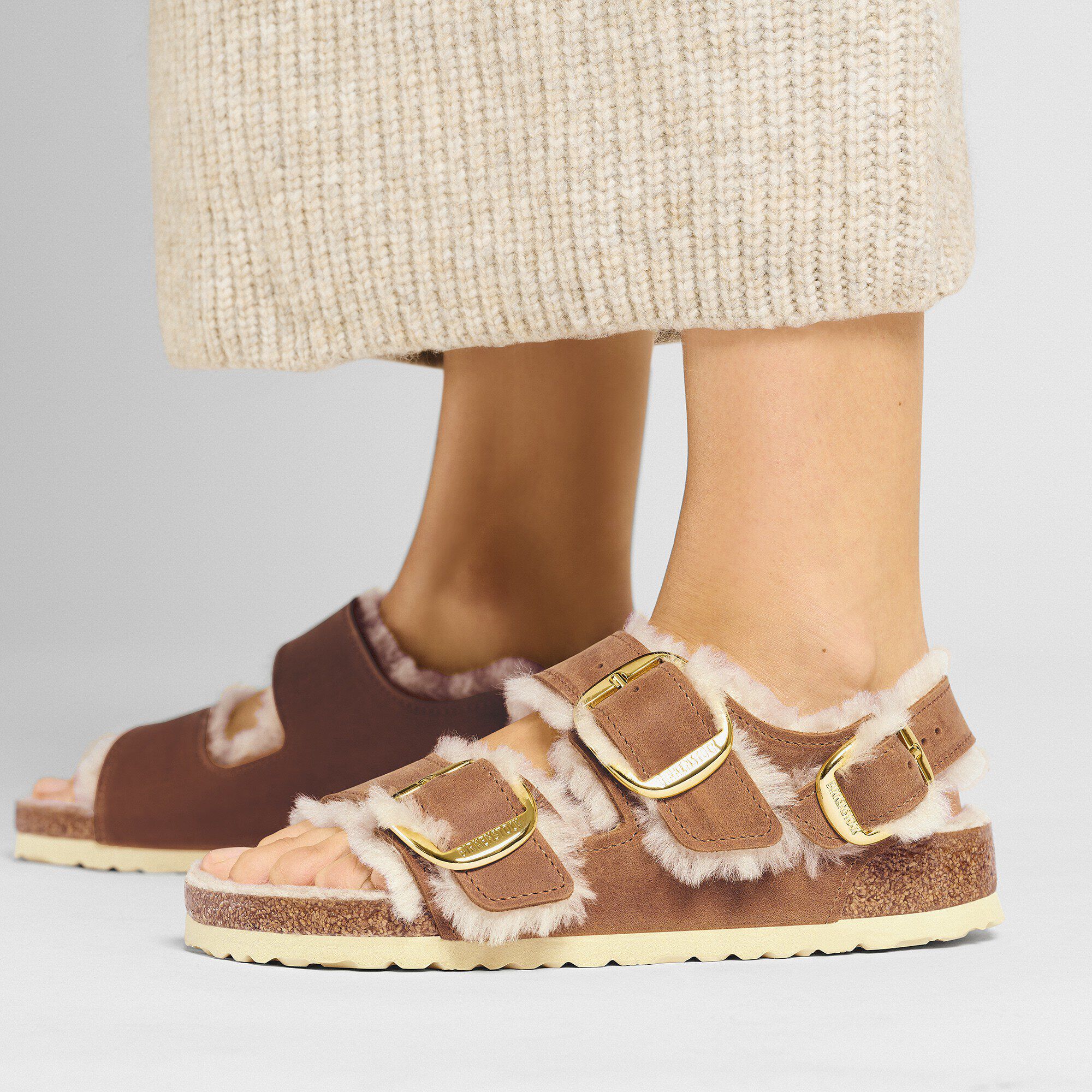 Milano Big Buckle Shearling Oiled Leather Cognac | BIRKENSTOCK