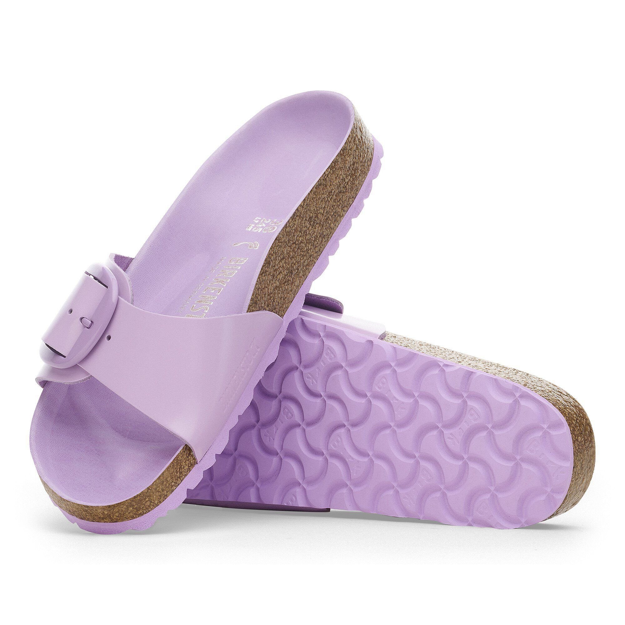 Birkenstock Madrid Big Buckle Natural Leather Patent High Shine Crocus One Strap Sandals