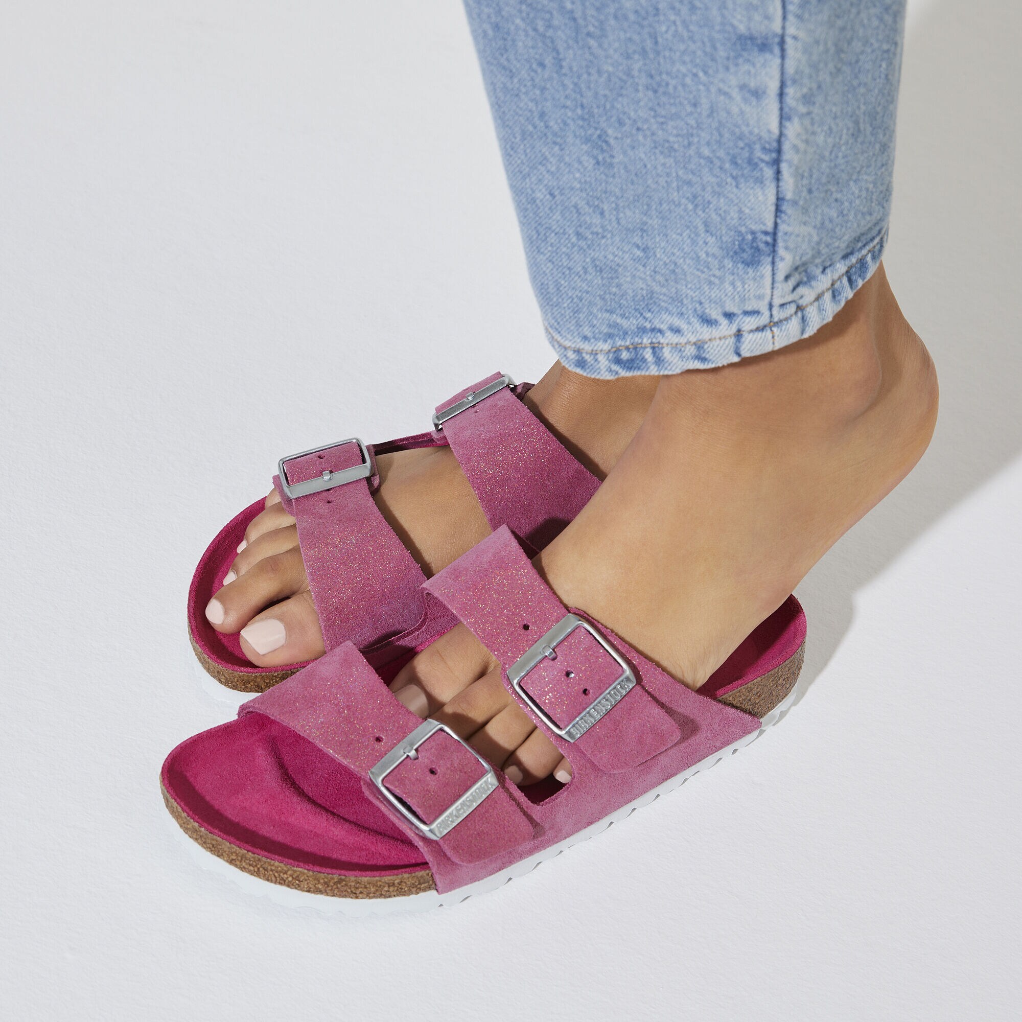 Pink suede birkenstock arizona top