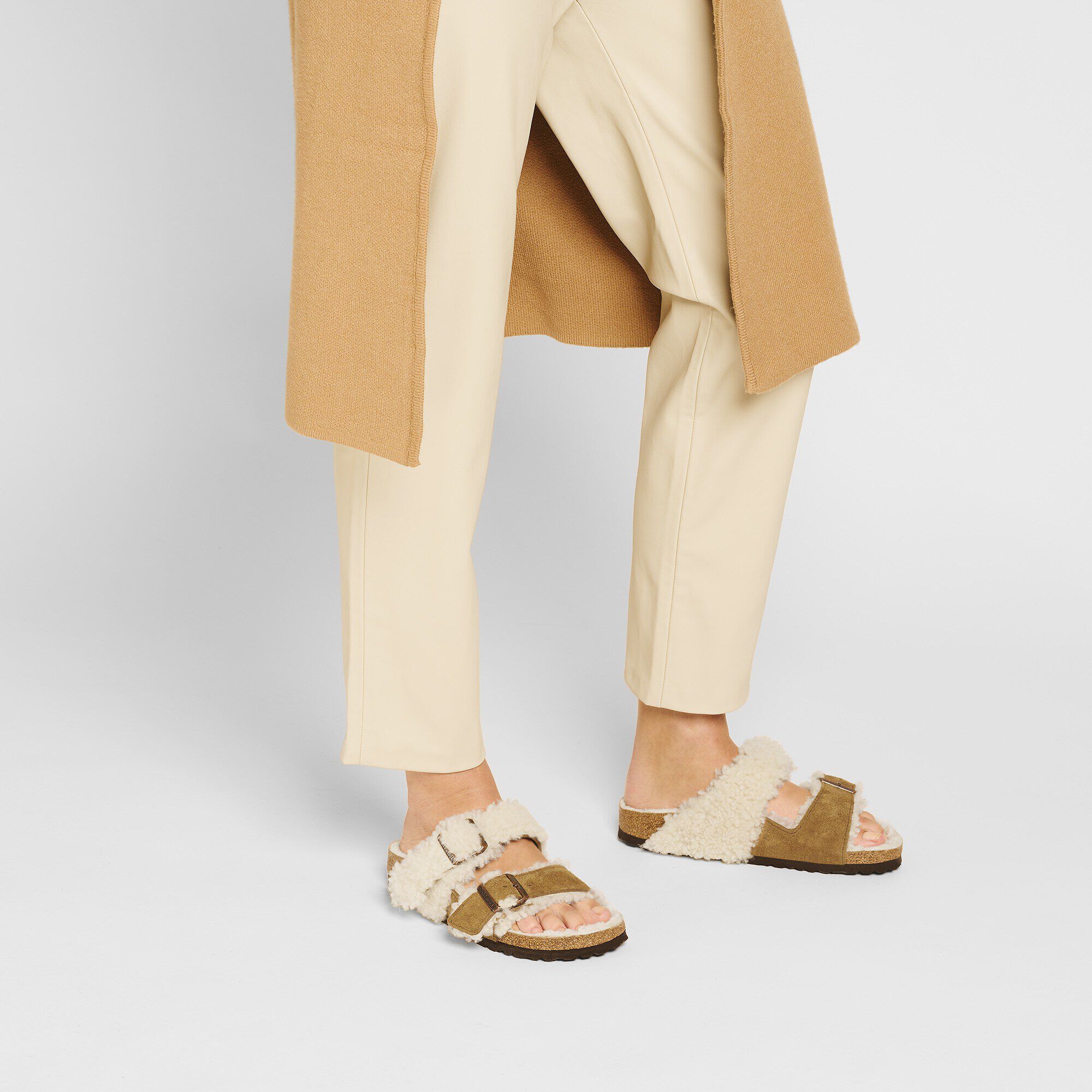 Birkenstock Shearling Arizona Teddy Split Suede Leather Shearling Mink Two Strap Sandals