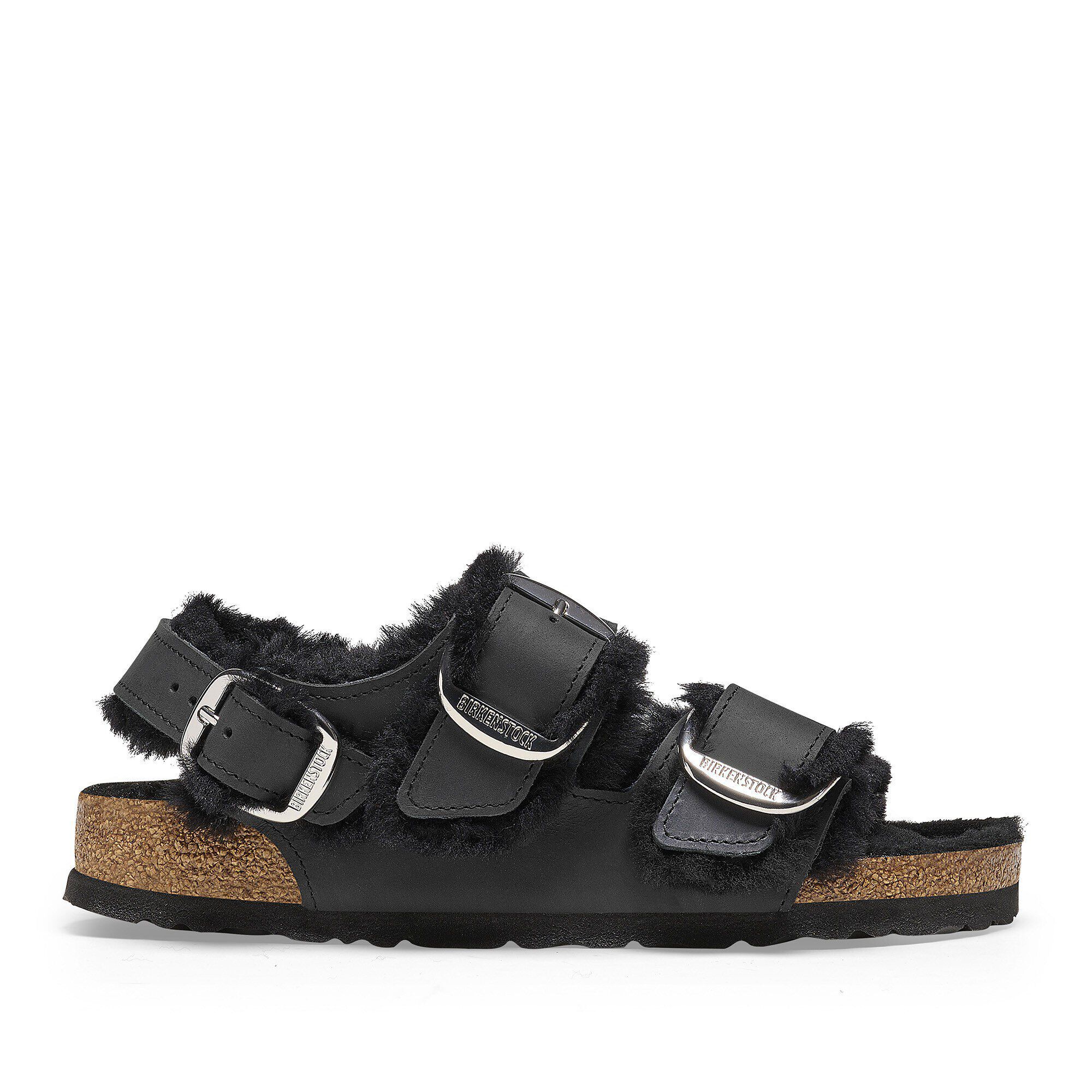 サンダル・ミュール Birkenstock Black Shearling Sandals With Oversized Buckles Birkenstock Black Shearling Sandals With Oversized Buckles