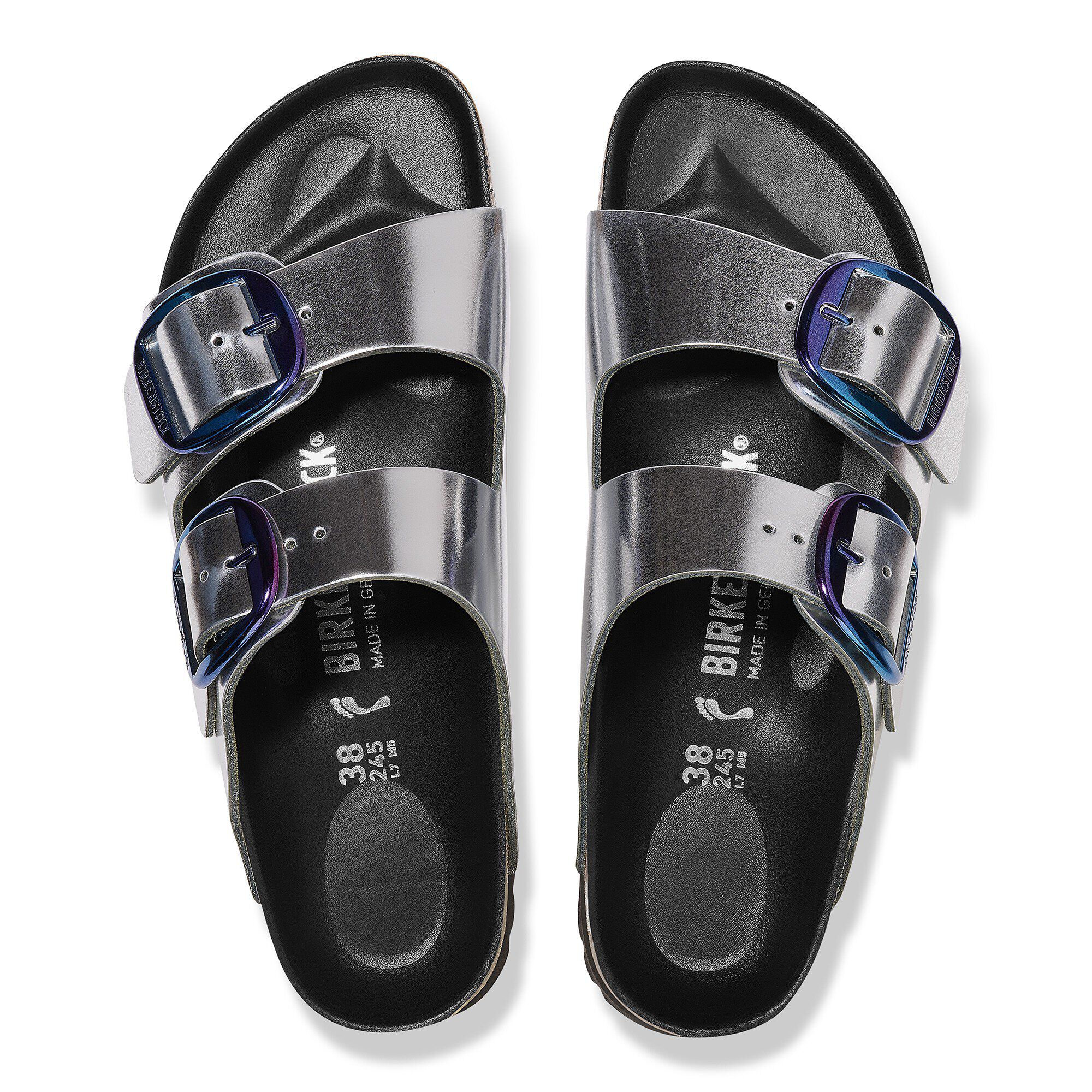 Birkenstock Arizona Big Buckle Metallic Silver Leather Two Bar Mules C