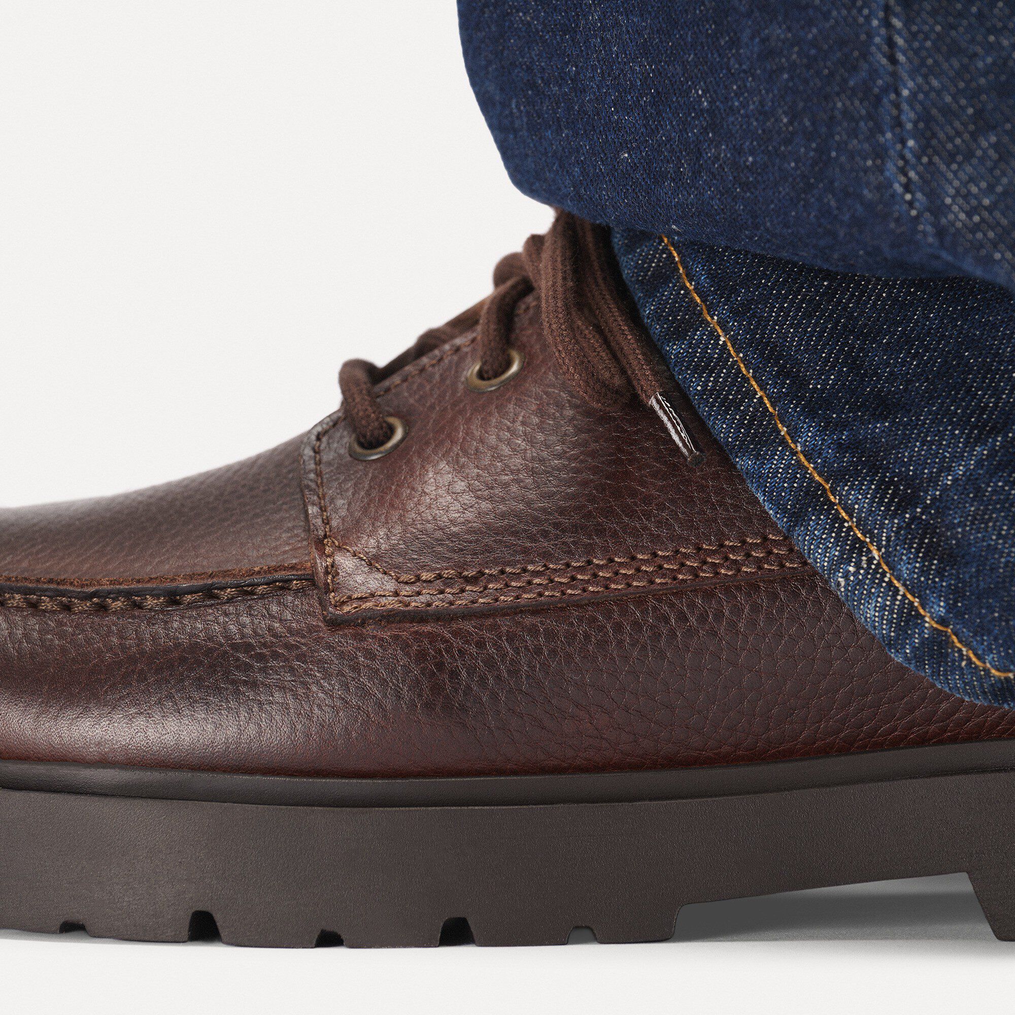 Highwood Moc Lace Low Natural Leather Close-up with a male model
