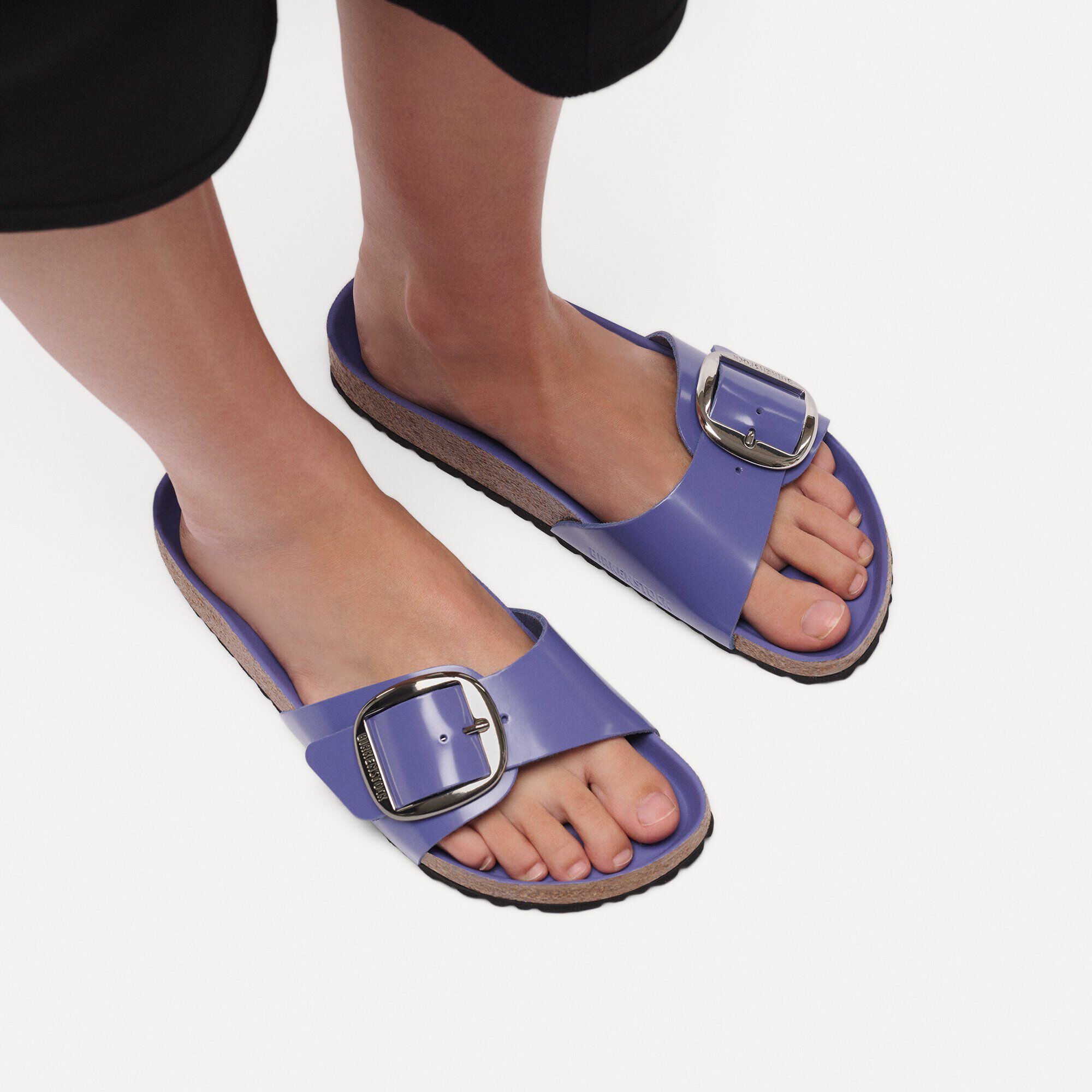 Madrid Big Buckle Natural Leather Patent Close-up with a female model