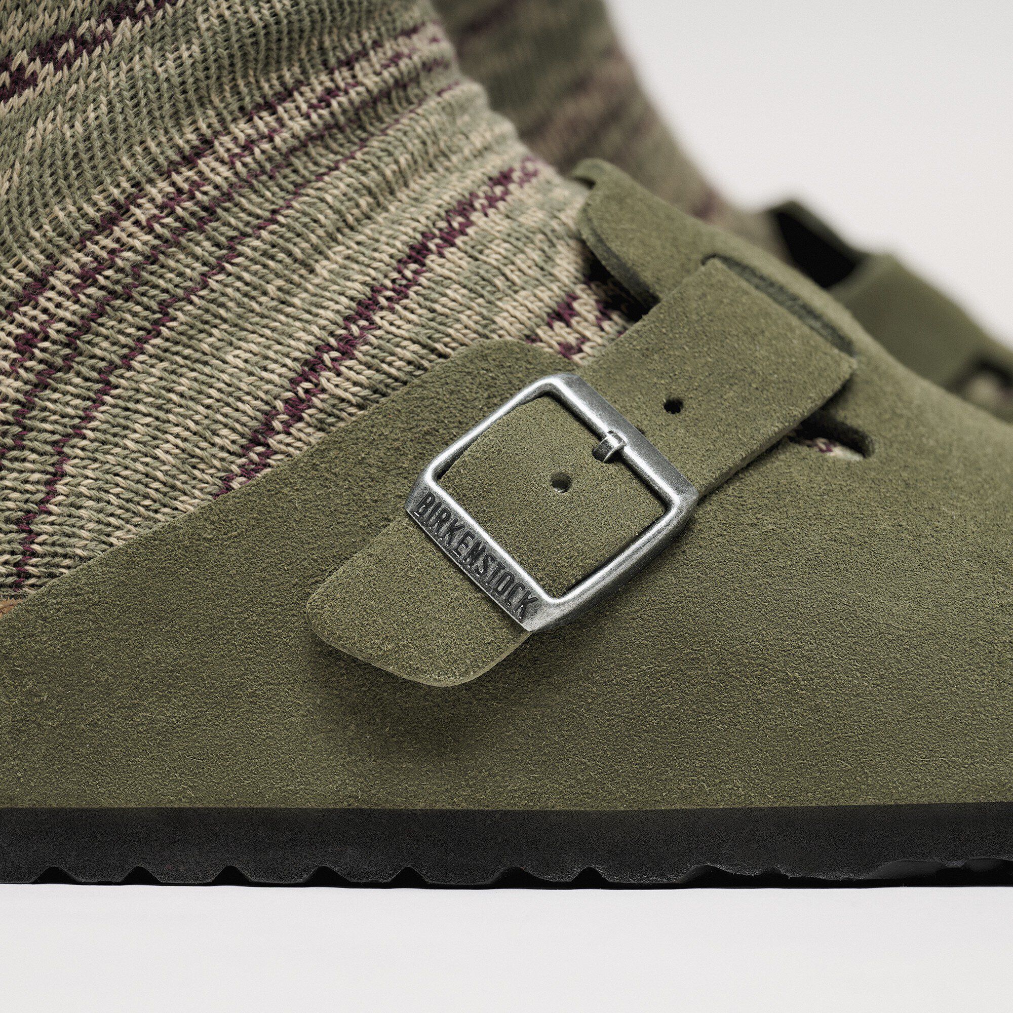 Boston Soft Footbed Suede Leather Close-up with a male model