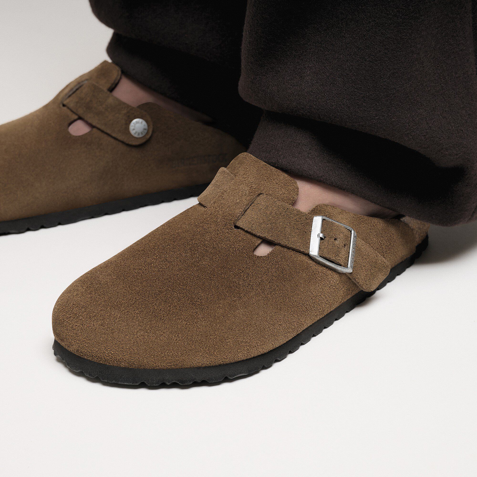 Boston Soft Footbed Suede Leather Close-up with a male model