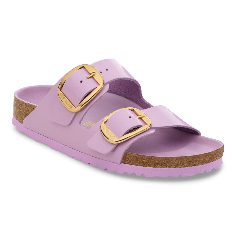 BIRKENSTOCK Arizona Big Buckle Natural Leather Patent High-Shine Lavender Sky Lounge Fit detail