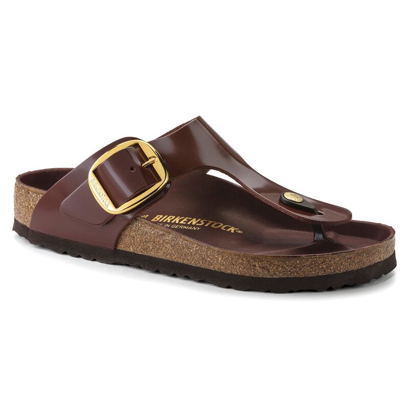 BIRKENSTOCK Gizeh Big Buckle Natural Leather Patent High Shine Black Lounge Fit detail