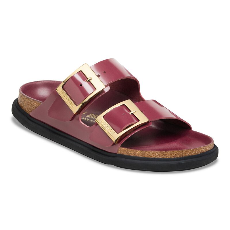 BIRKENSTOCK Arizona Droplet Buckle Natural Leather Patent High Shine Oyster Soft Footbed detail