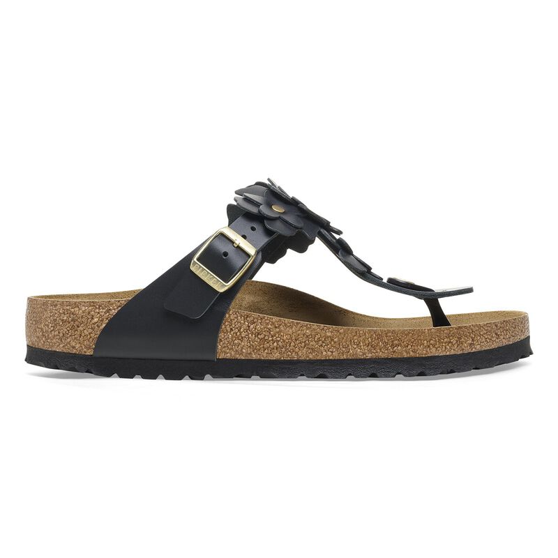BIRKENSTOCK Gizeh Flower Embellishment Natural Leather Black Lounge Fit detail
