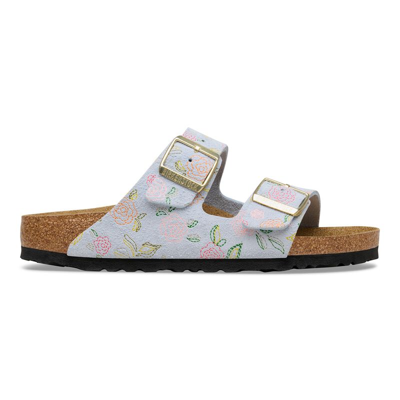 BIRKENSTOCK Arizona Suede Leather Baby Blue Flower Print Contour Sole detail