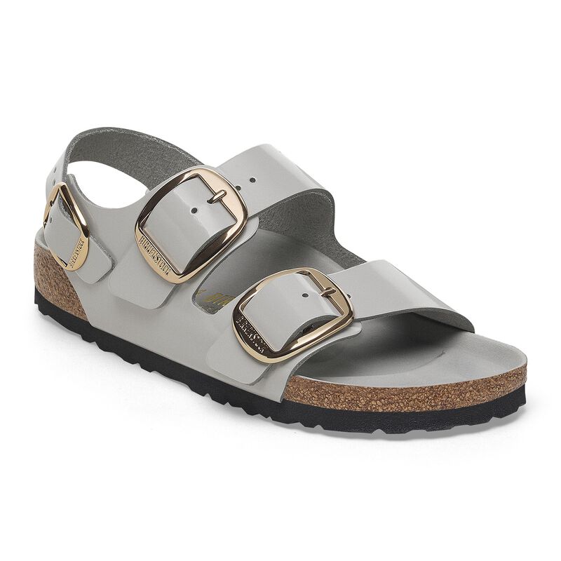 BIRKENSTOCK Milano Big Buckle Natural Leather Patent High Shine Stone Coin Soft Sole detail