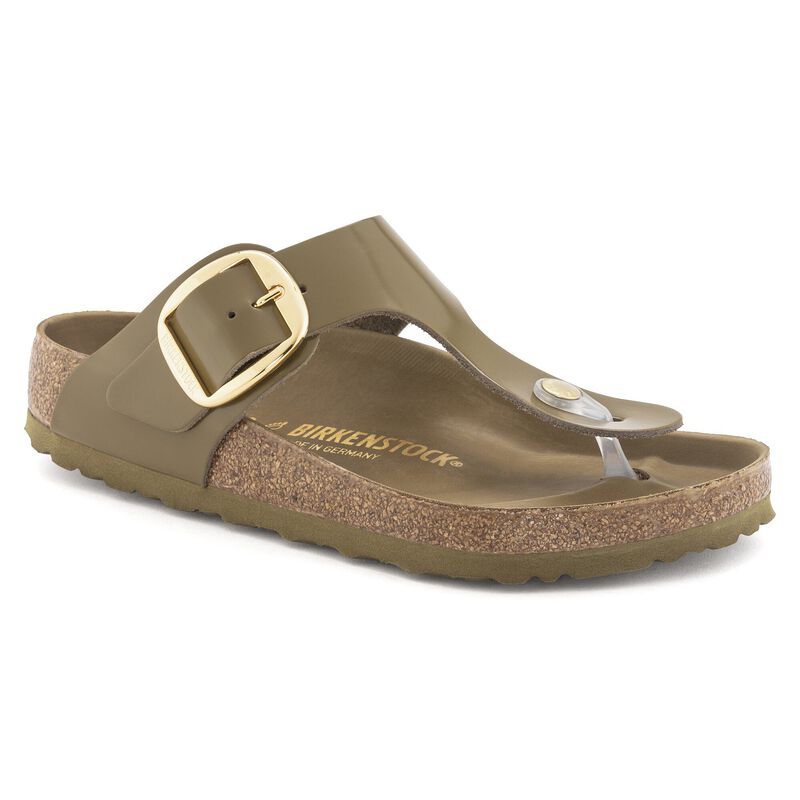 BIRKENSTOCK Gizeh Big Buckle Natural Leather Patent High Shine Black Lounge Fit detail