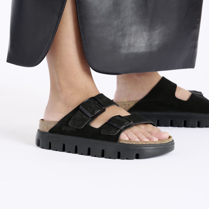 BIRKENSTOCK Arizona Platform Suede Leather Black/Black Soft Footbed detail