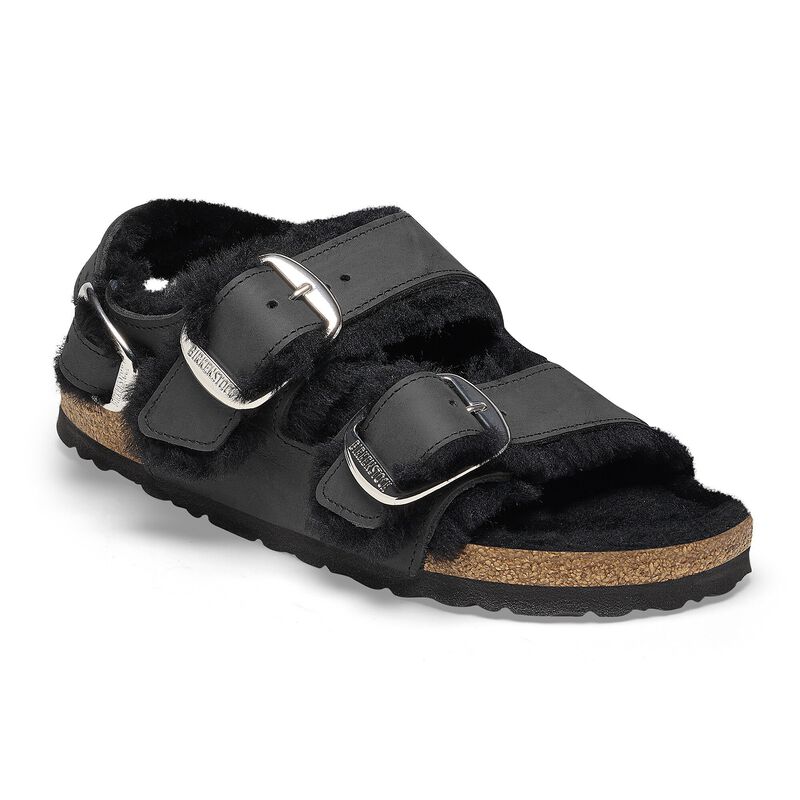 BIRKENSTOCK Milano Big Buckle Shearling Natural Leather Oiled Midnight Blue Soft Footbed detail