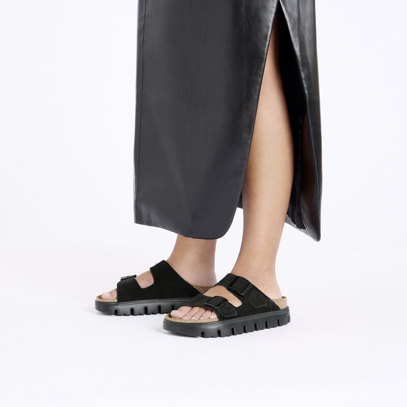 BIRKENSTOCK Arizona Platform Suede Leather Black/Black Soft Footbed detail