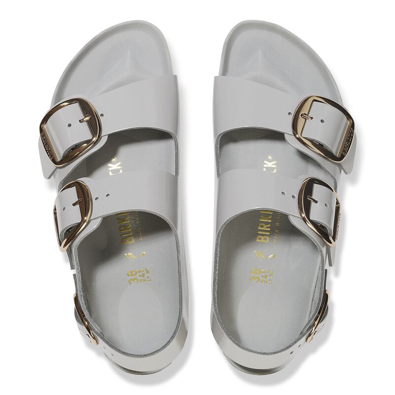 BIRKENSTOCK Milano Big Buckle Natural Leather Patent High Shine Stone Coin Soft Sole detail
