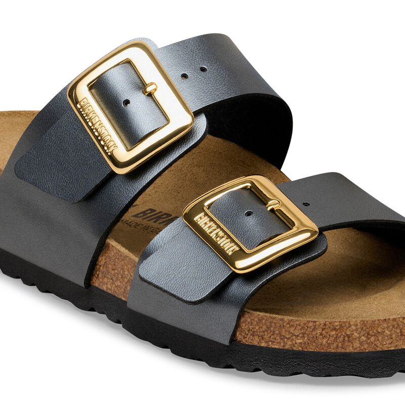 BIRKENSTOCK Sydney Cushion Buckle Birko-Flor Metallic Black Soft Footbed detail
