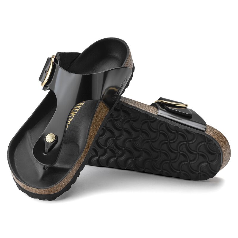 BIRKENSTOCK Gizeh Big Buckle Natural Leather Patent High Shine Black Lounge Fit detail