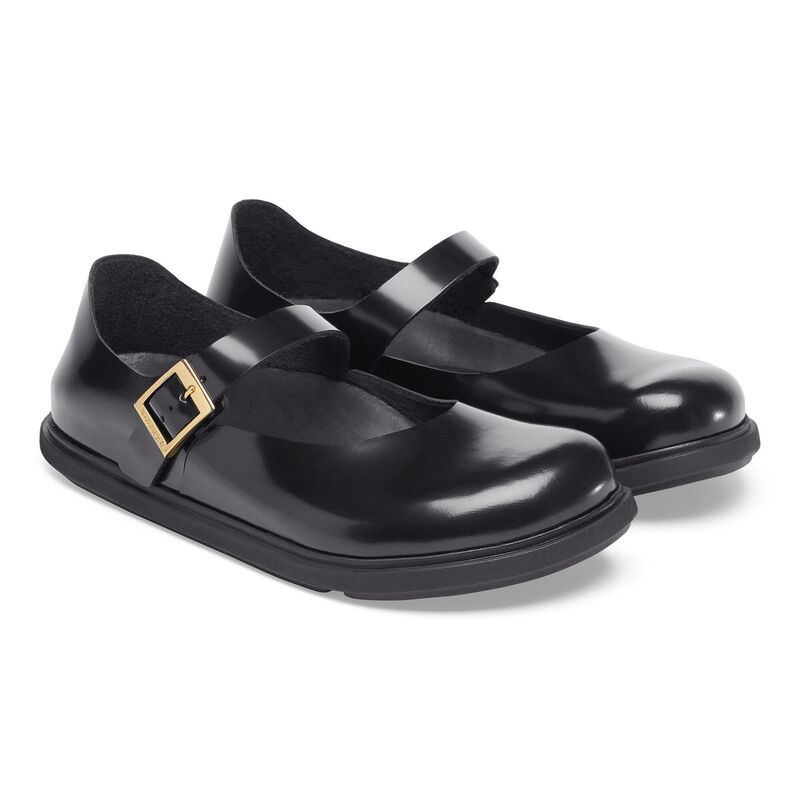 BIRKENSTOCK Mantova Cup Sole Natural Leather Patent High Shine Black Soft Footbed detail