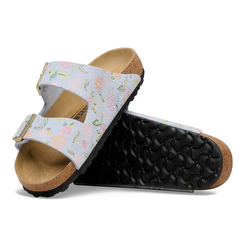 BIRKENSTOCK Arizona Suede Leather Baby Blue Flower Print Contour Sole detail