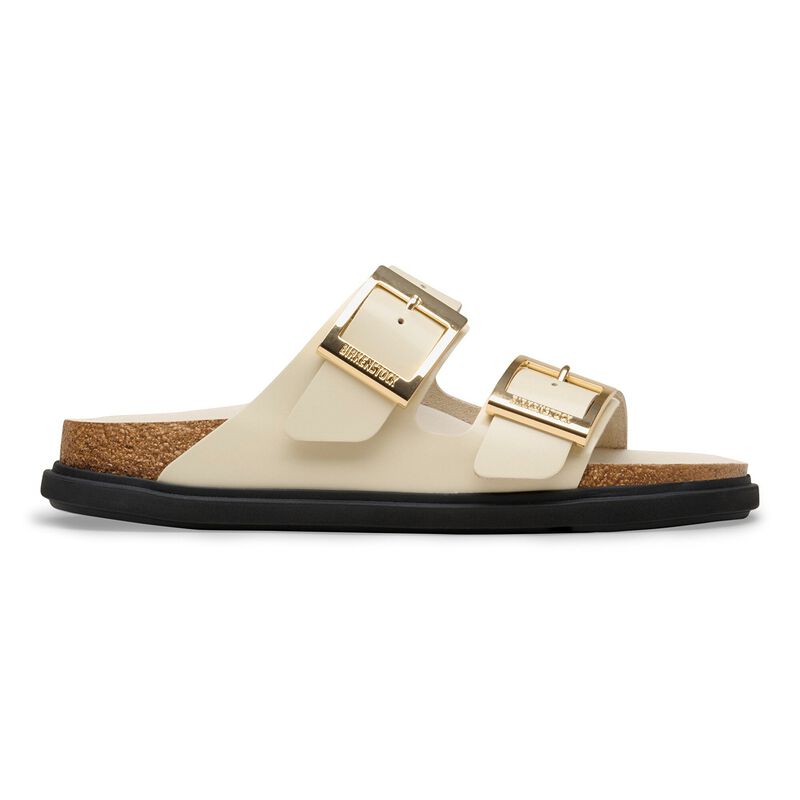 BIRKENSTOCK Arizona Droplet Buckle Natural Leather Patent High Shine Ecru City Comfort detail