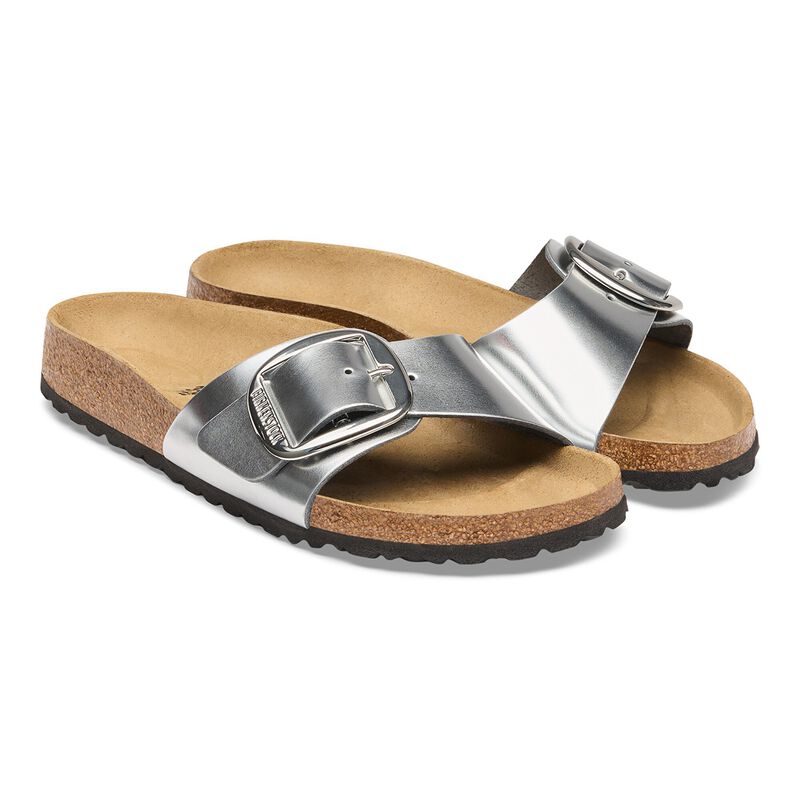 BIRKENSTOCK Madrid Big Buckle Natural Leather Metallic Silver Soft Sole detail