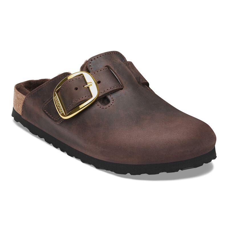 BIRKENSTOCK Boston Big Buckle Shearling Natural Leather Oiled Tobacco Brown Soft Sole detail