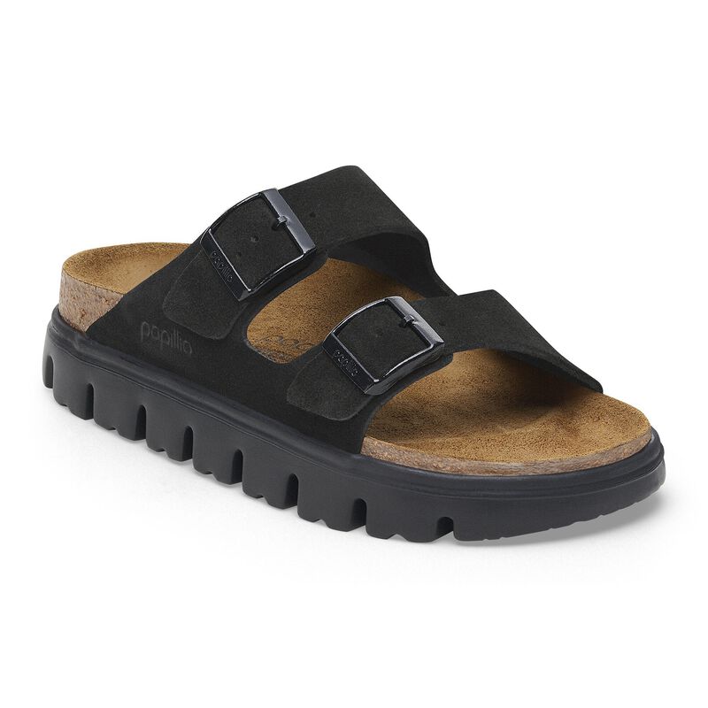 BIRKENSTOCK Arizona Platform Suede Leather Black/Black Soft Footbed detail