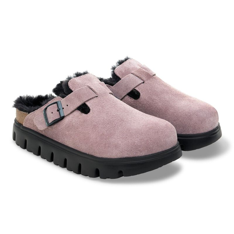 BIRKENSTOCK Boston Chunky Shearling Suede Leather Faded Purple Lounge Fit detail