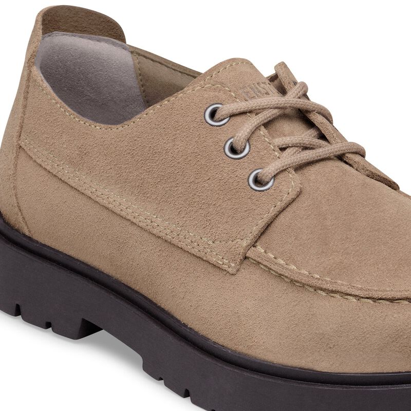 BIRKENSTOCK Highwood Moc Lace Low Suede Leather Gray Taupe Trail Easy detail
