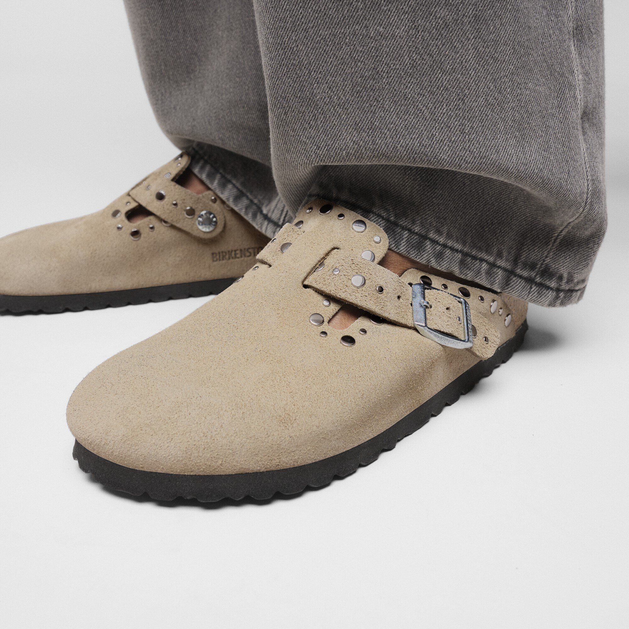 Boston Rivets Suede Leather in Color Taupe | BIRKENSTOCK US
