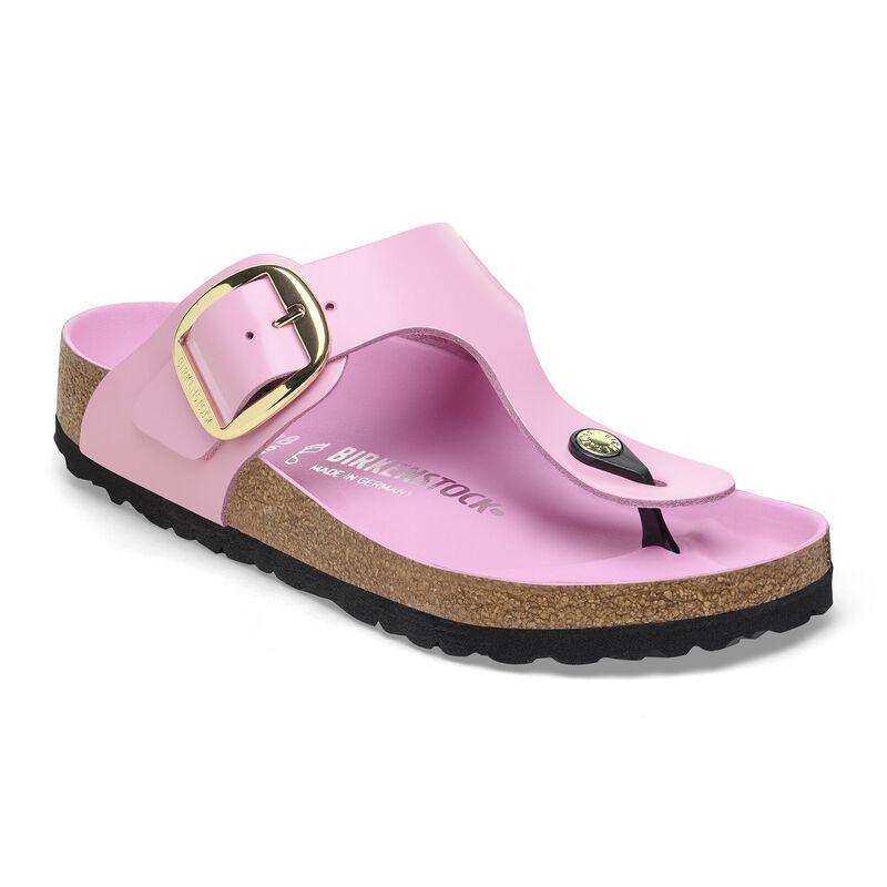 BIRKENSTOCK Gizeh Big Buckle Natural Leather Patent High Shine Black Lounge Fit detail