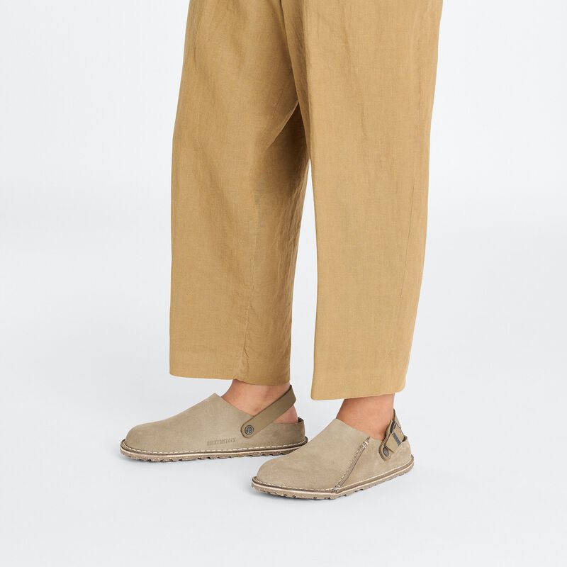 BIRKENSTOCK Lutry Premium Suede Leather Gray Taupe Contour Sole detail