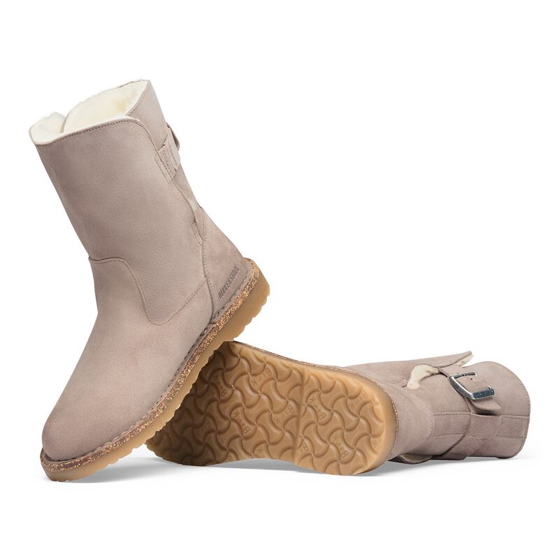 BIRKENSTOCK Uppsala Shearling Suede Leather Desert Dust Gray Taupe City Comfort detail