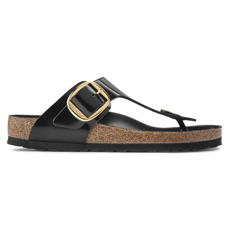 BIRKENSTOCK Gizeh Big Buckle Natural Leather Patent High Shine Black Lounge Fit detail